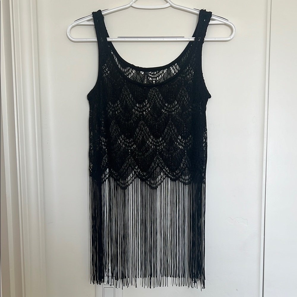 Black Fringe Lace Tank Top